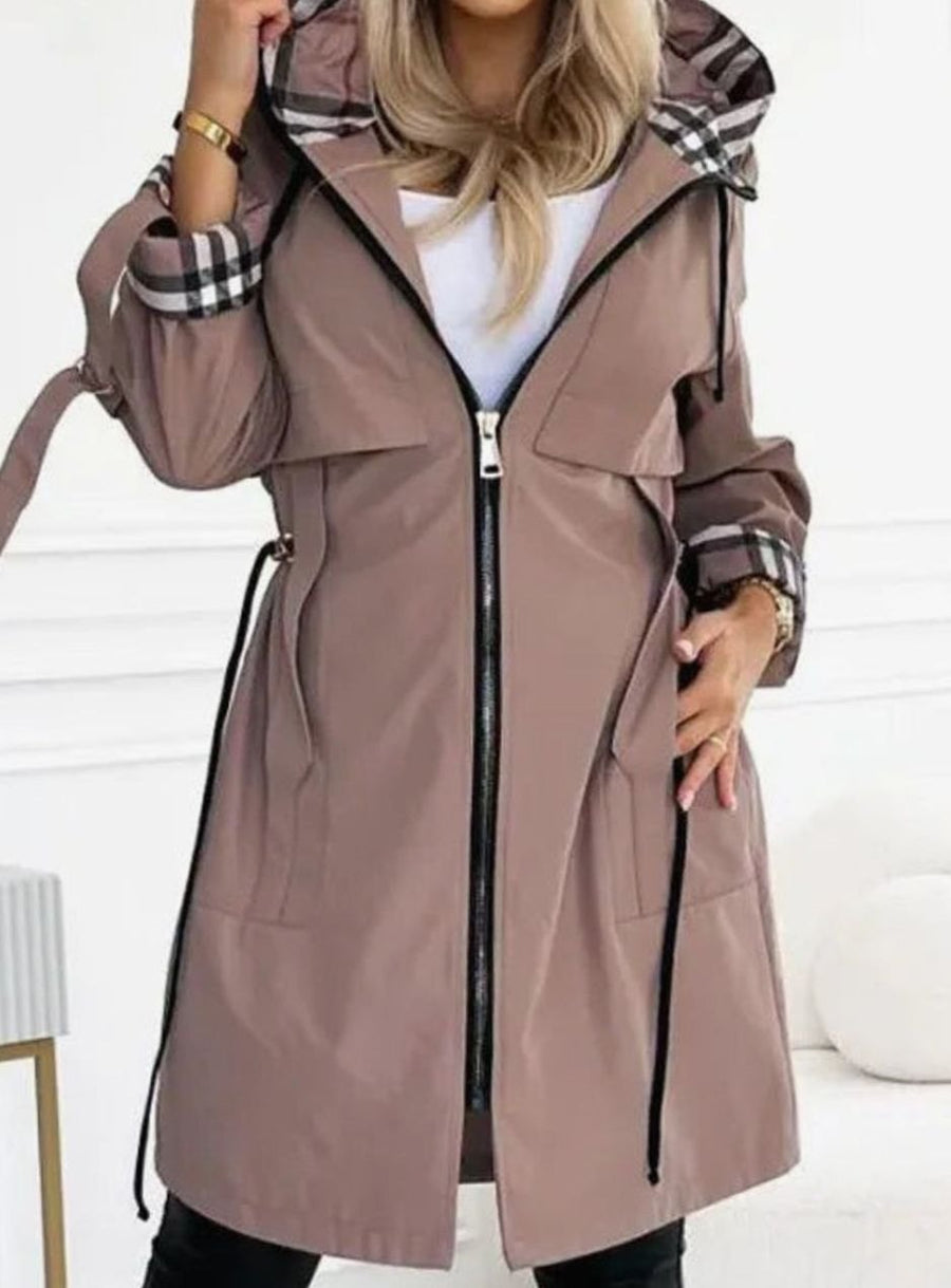 Nora | Women's Long Lined Hooded Zip Trench Coat with Check Detail