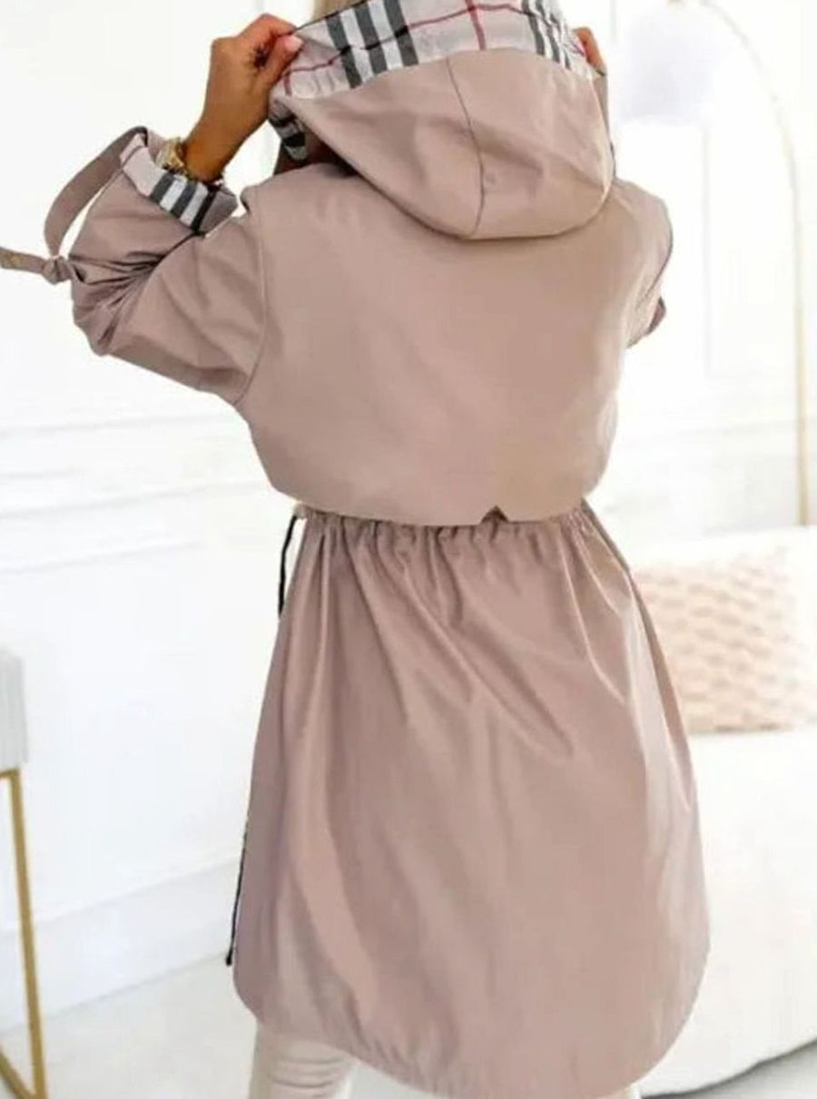 Nora | Women's Long Lined Hooded Zip Trench Coat with Check Detail