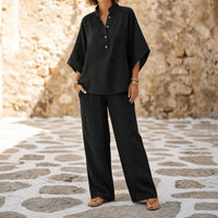 Trevaine Women's Linen Two-Piece Set Wide Leg Pants in Black