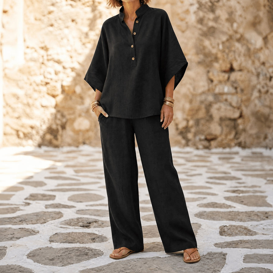 Trevaine Women's Linen Two-Piece Set Wide Leg Pants in Black