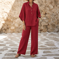 Trevaine Women's Linen Two-Piece Set Wide Leg Pants in Burgundy