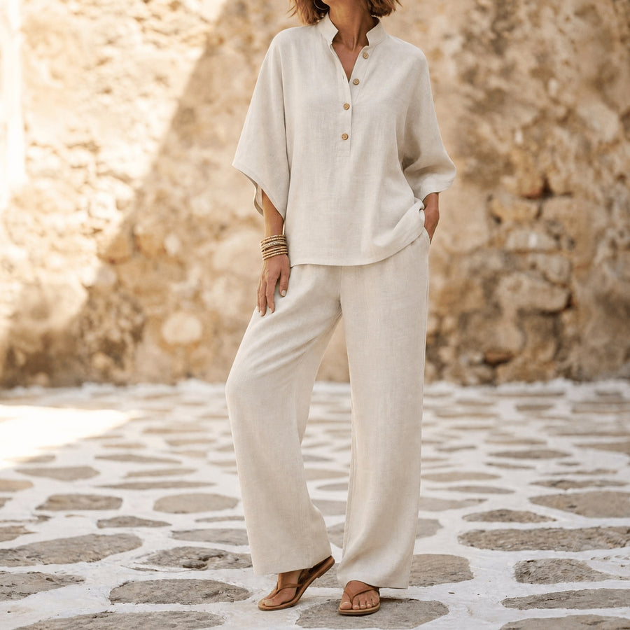 Trevaine Women's Linen Two-Piece Set Wide Leg Pants in Cream