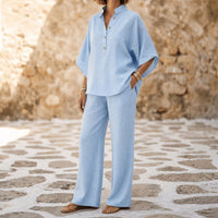 Trevaine Women's Linen Two-Piece Set Wide Leg Pants in Light Blue