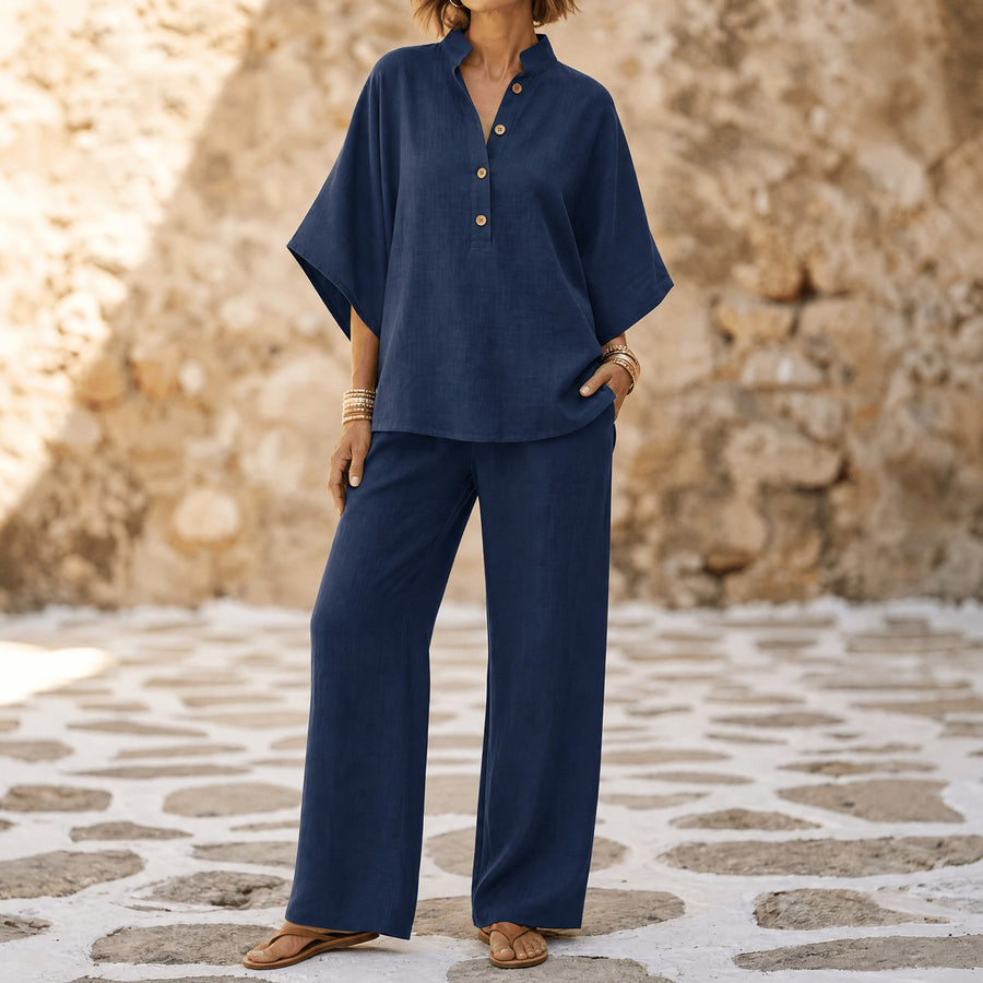 Trevaine Women's Linen Two-Piece Set Wide Leg Pants in Navy