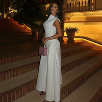 Ulrika Elegant Maxi Dress with Stand Collar and Side Split in White
