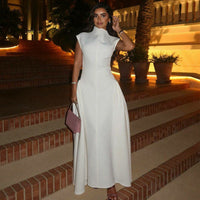 Ulrika Elegant Maxi Dress with Stand Collar and Side Split in White