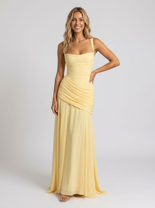 ELODIE | PLEATED V MAXI DRESS