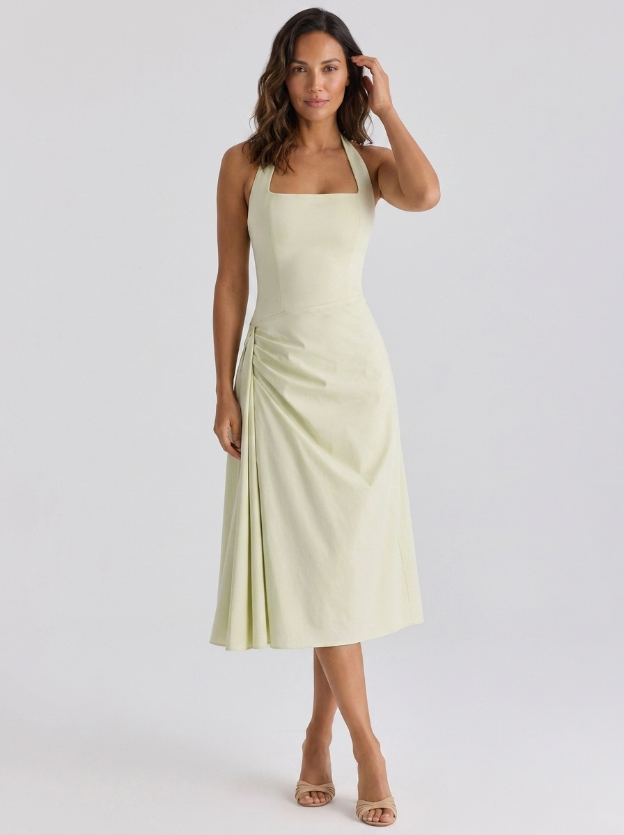 XIMENA | RUCHED HALTER MIDI DRESS