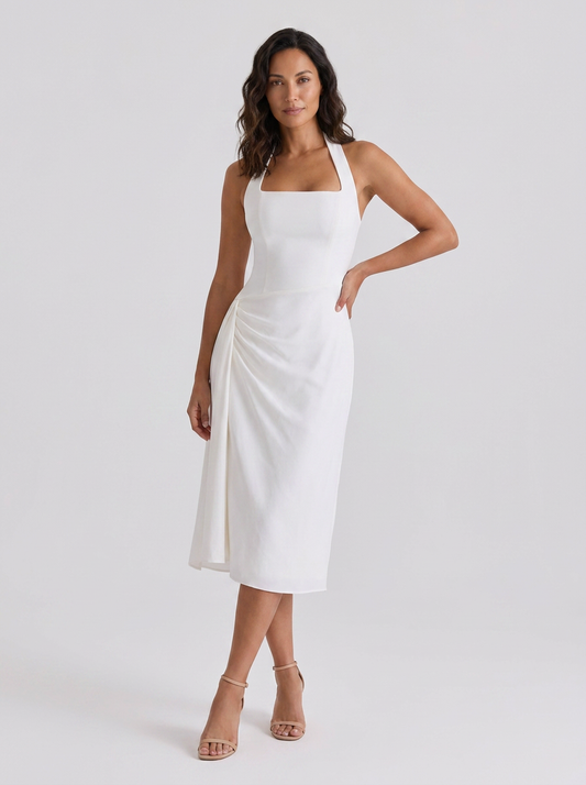 XIMENA | RUCHED HALTER MIDI DRESS