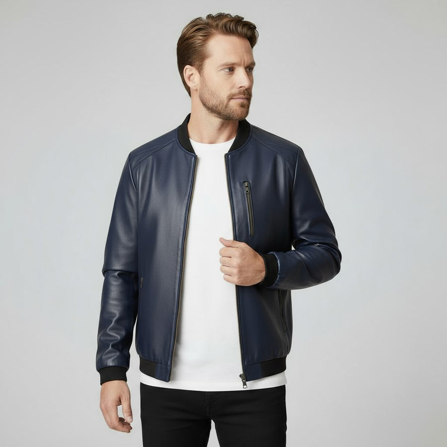 UrbanAviator Men's Leather Bomber Jacket in Navy Blue