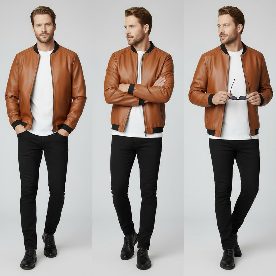 UrbanAviator Men's Leather Bomber Jacket in Sienna Brown