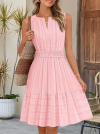 Cotton Notch Neck Sleeveless Smocked Above Knee Length A-Line Dress
