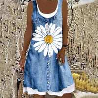 Valencia™ Soft and Elegant Denim Dress in Blue W/ Daisy Print