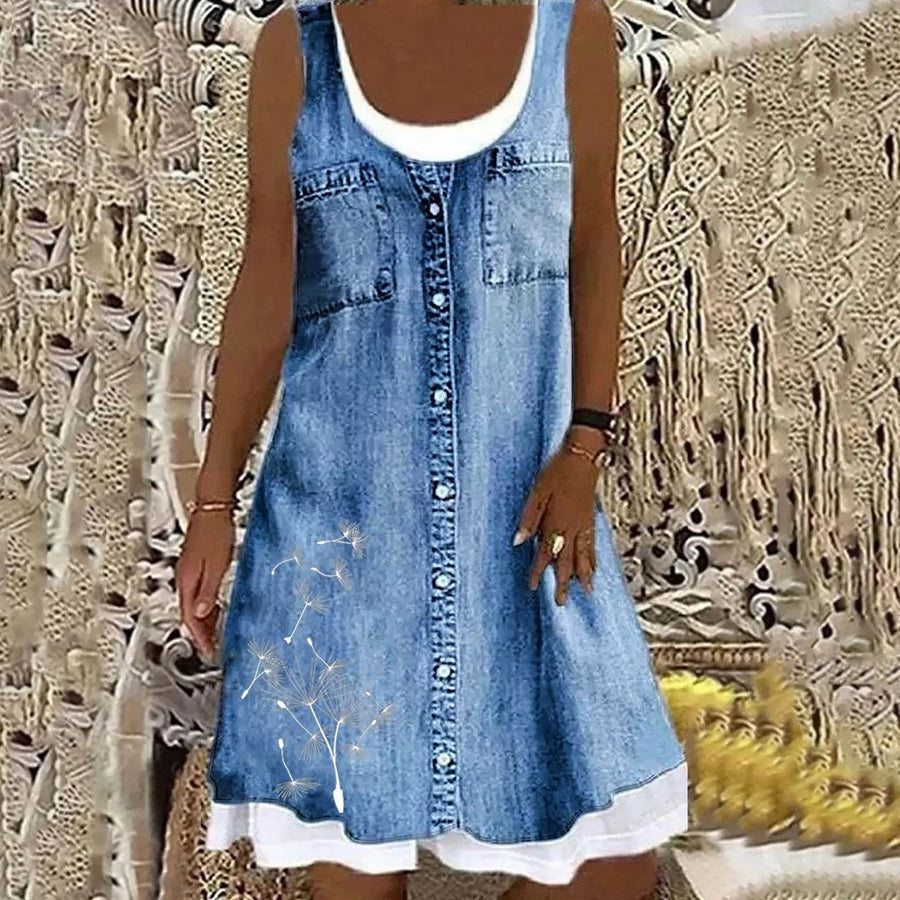 Valencia™ Soft and Elegant Denim Dress in Blue W/ Elegant Flower Pattern