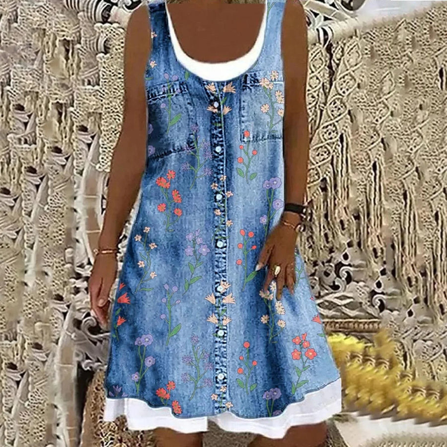 Valencia™ Soft and Elegant Denim Dress in Blue W/ Flower Print