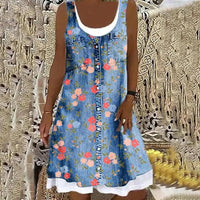 Valencia™ Soft and Elegant Denim Dress in Blue W/ Large Flower Print