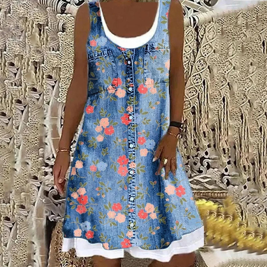 Valencia™ Soft and Elegant Denim Dress in Blue W/ Large Flower Print