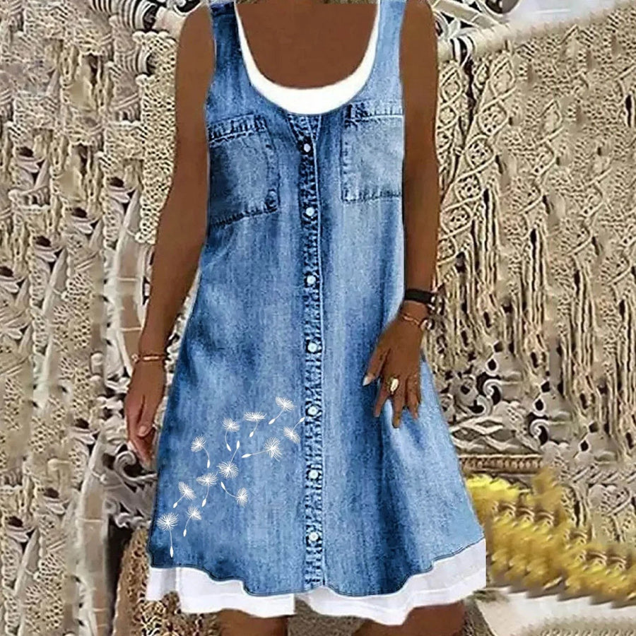 Valencia™ Soft and Elegant Denim Dress in Blue W/ Sprinkle of Flowers