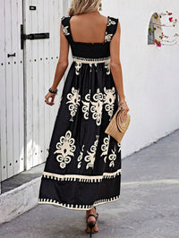 Valentina Chic Square Neck Sleeveless Printed Beach Dress in Black