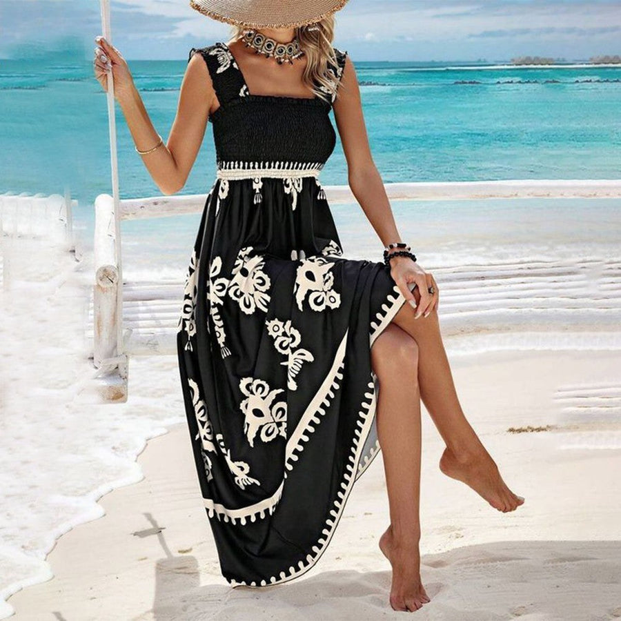 Valentina Chic Square Neck Sleeveless Printed Beach Dress in Black