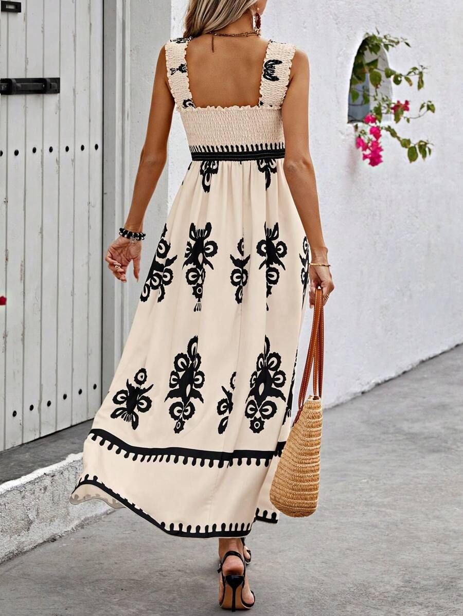 Valentina Chic Square Neck Sleeveless Printed Beach Dress in Cream