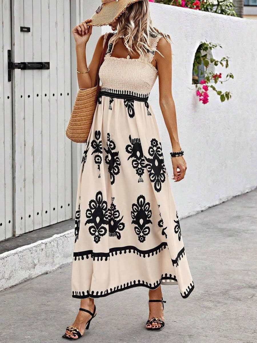 Valentina Chic Square Neck Sleeveless Printed Beach Dress in Cream