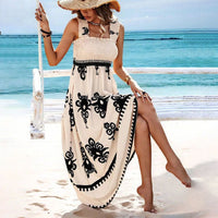 Valentina Chic Square Neck Sleeveless Printed Beach Dress in Cream