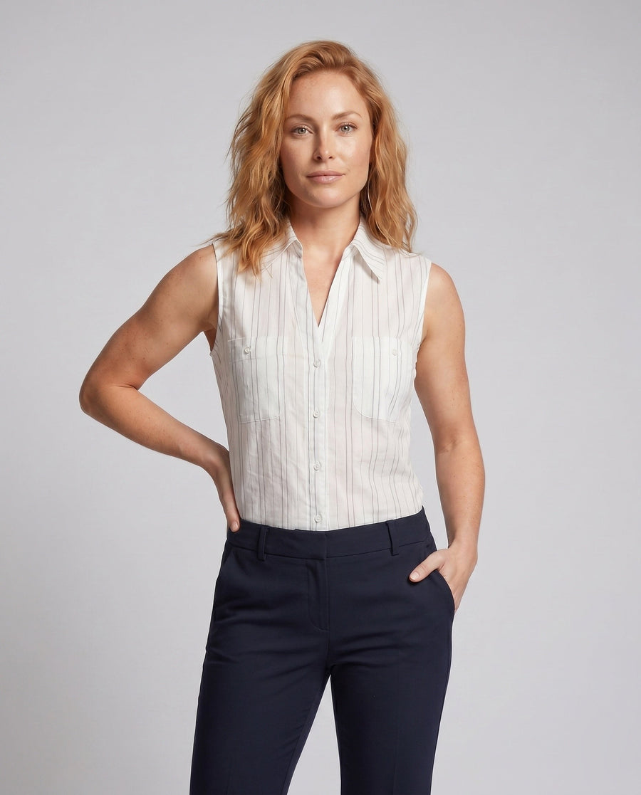 Valentina Linen Blend Shirt with Sleeveless and Chest Pocket