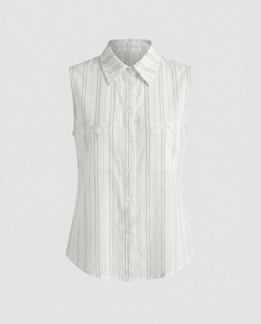 Valentina Linen Blend Shirt with Sleeveless and Chest Pocket in White