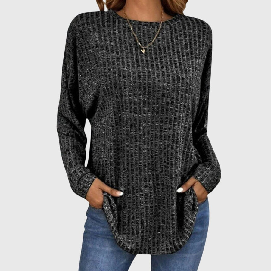 Valentina Women's Round Neck Long Sleeve Textured Knit Top in Black