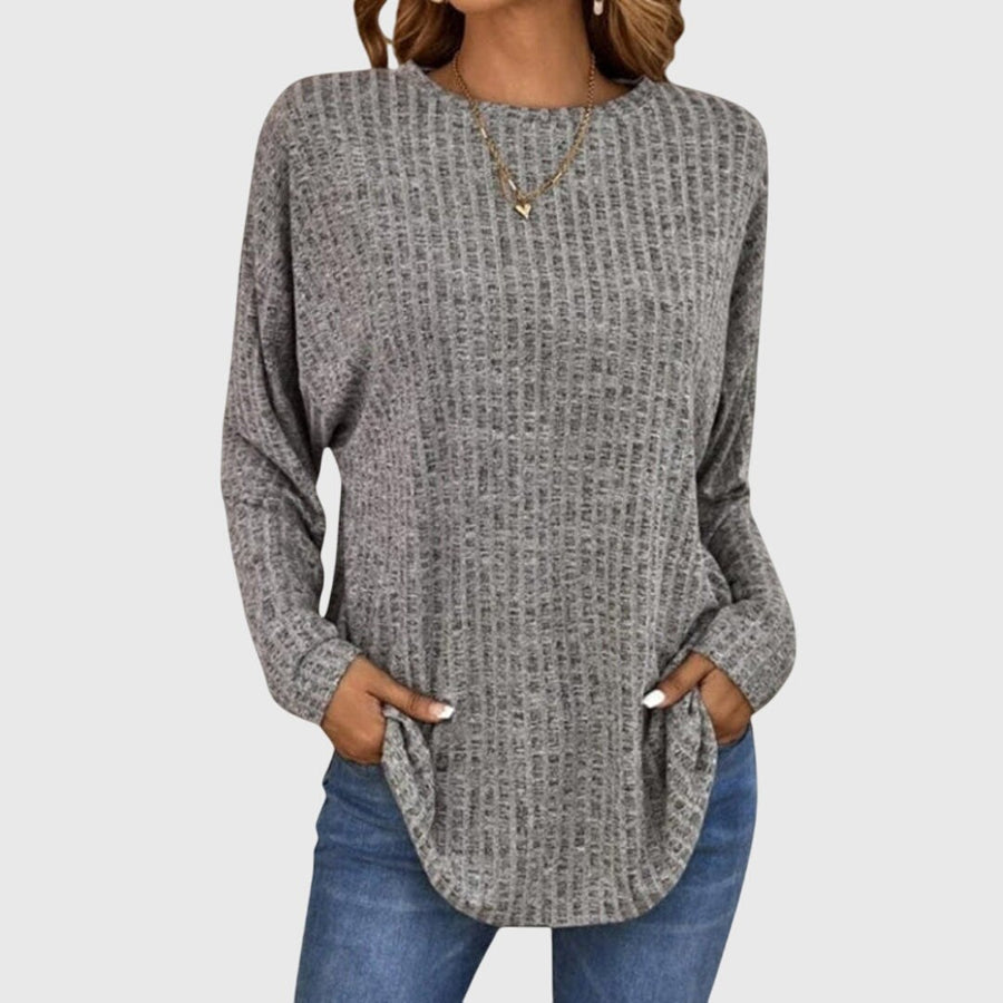 Valentina Women's Round Neck Long Sleeve Textured Knit Top in Grey