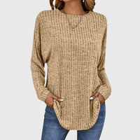 Valentina Women's Round Neck Long Sleeve Textured Knit Top in Khaki