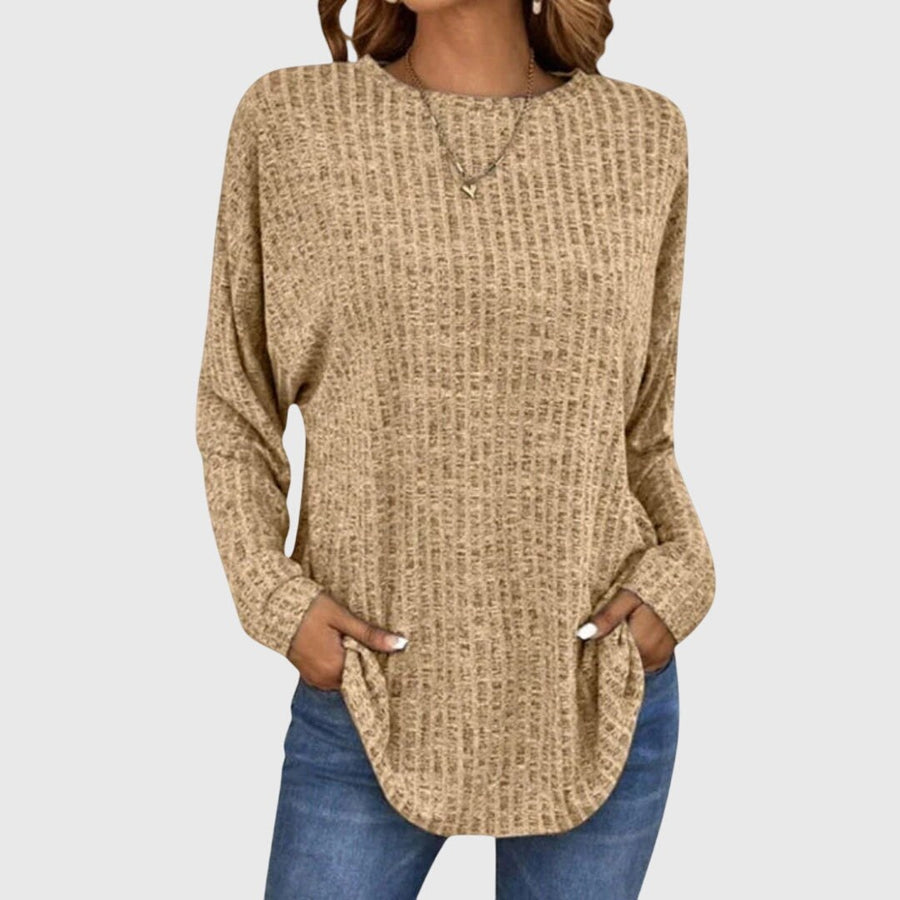 Valentina Women's Round Neck Long Sleeve Textured Knit Top in Khaki