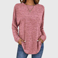 Valentina Women's Round Neck Long Sleeve Textured Knit Top in Pink