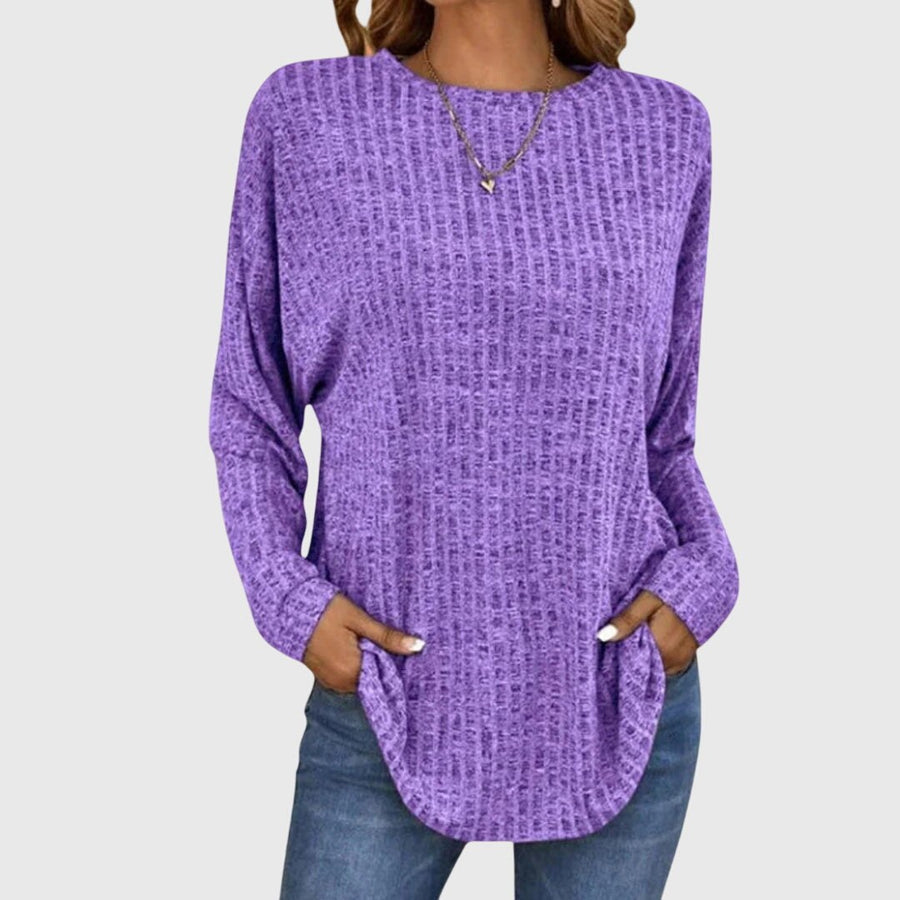 Valentina Women's Round Neck Long Sleeve Textured Knit Top in Purple