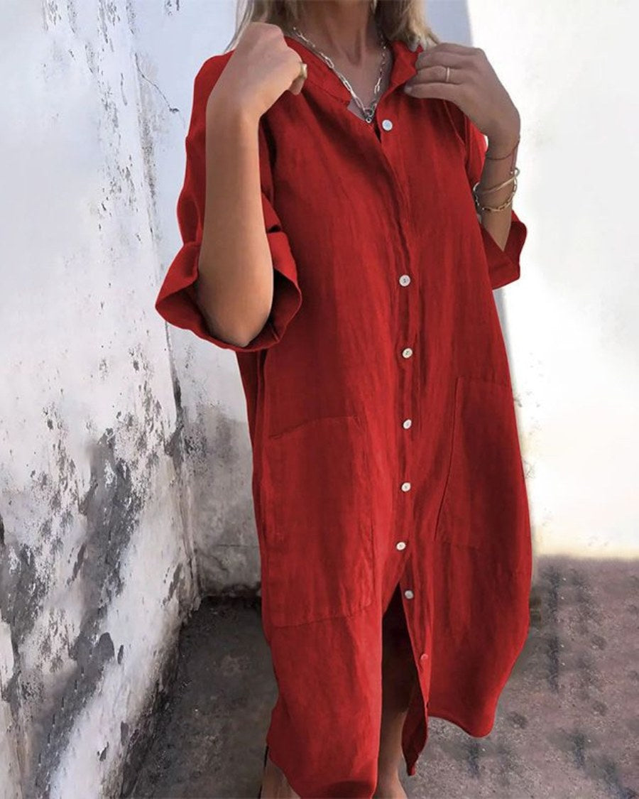 Valerie Women's Relaxed Fit Shirt Midi Dress in Red