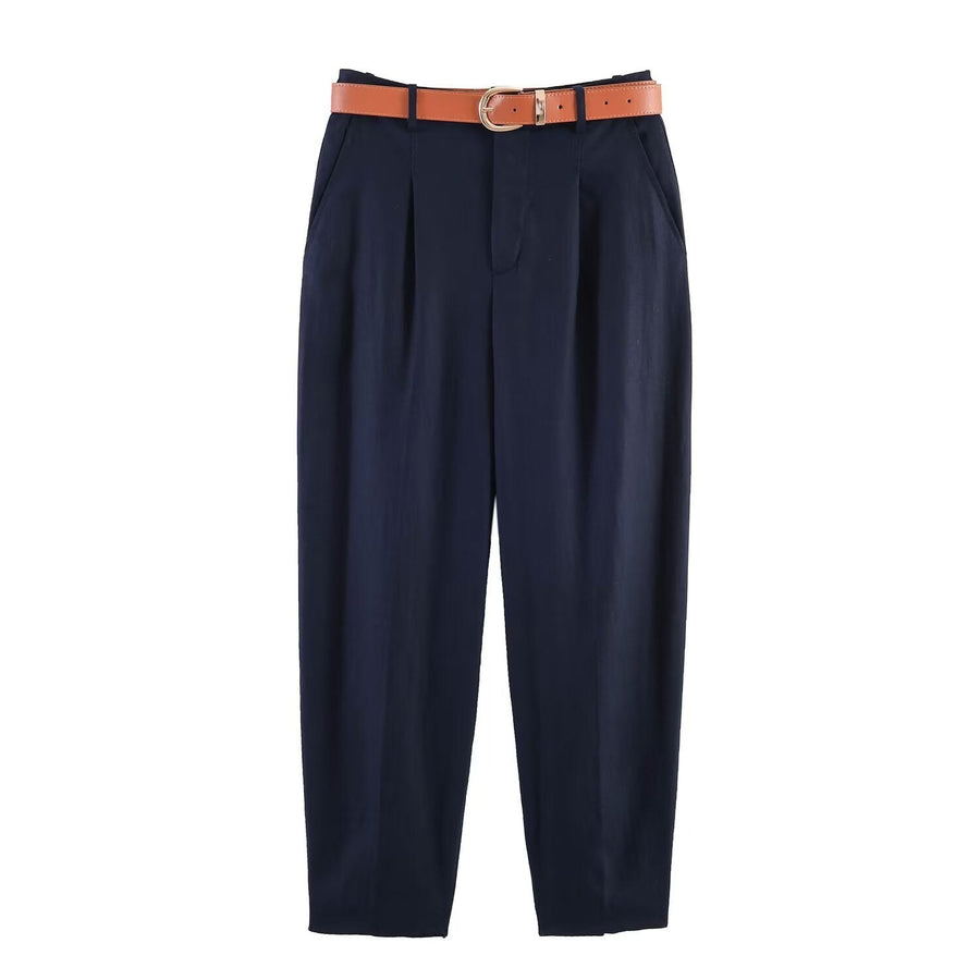 Vanessa Linen Trousers with Belted in Meeresblau