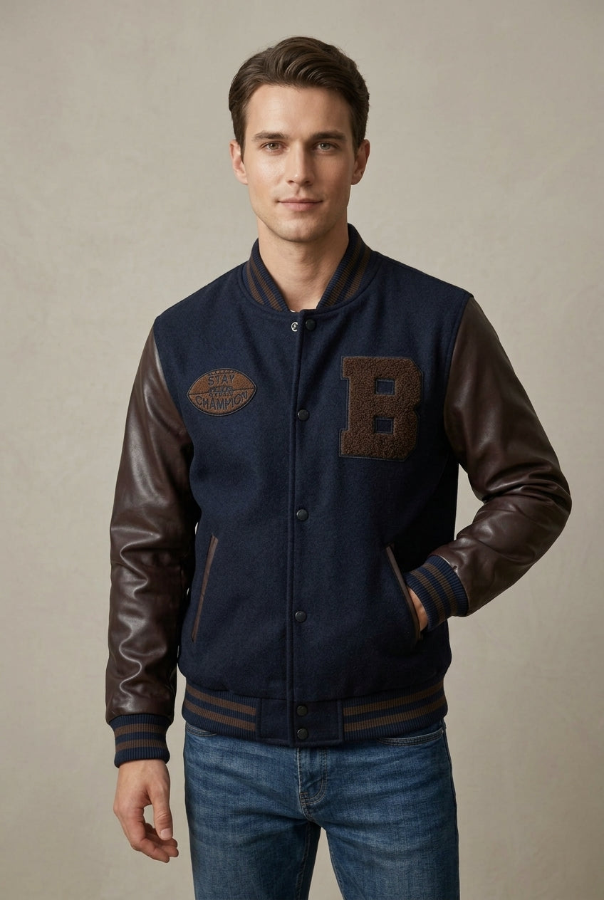 Men's Varsity Jacket with Contrast Sleeves Snap-Button Front and Patch