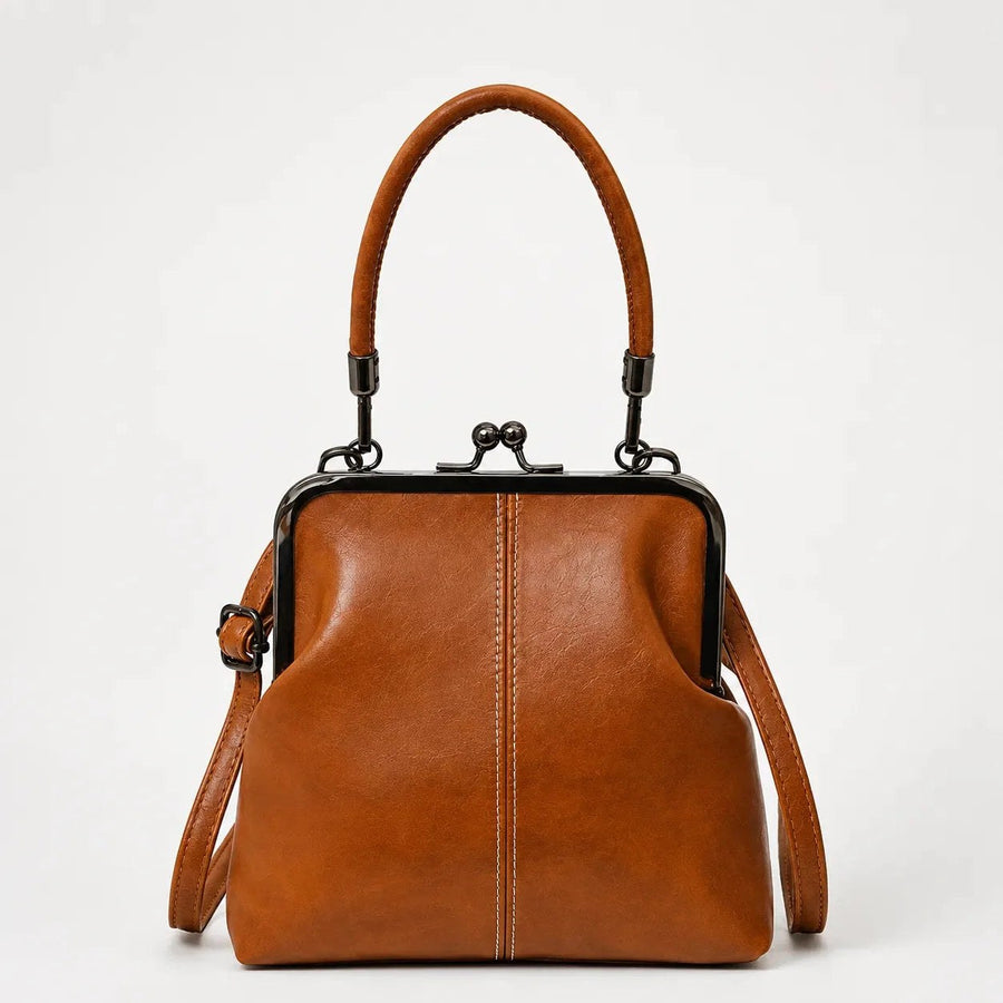 Vashara Women's Vintage Kiss Lock Crossbody Bag in Light Brown