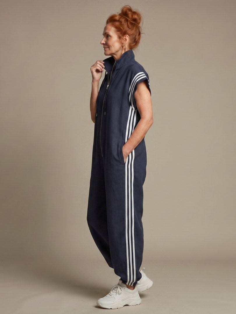 Vashti Women's Zip Front Stripe Panel Jumpsuit in Blue