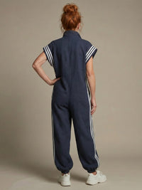 Vashti Women's Zip Front Stripe Panel Jumpsuit in Blue
