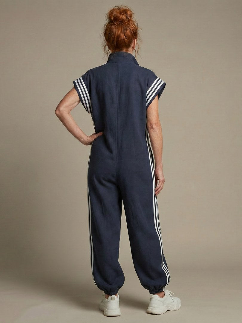 Vashti Women's Zip Front Stripe Panel Jumpsuit in Blue