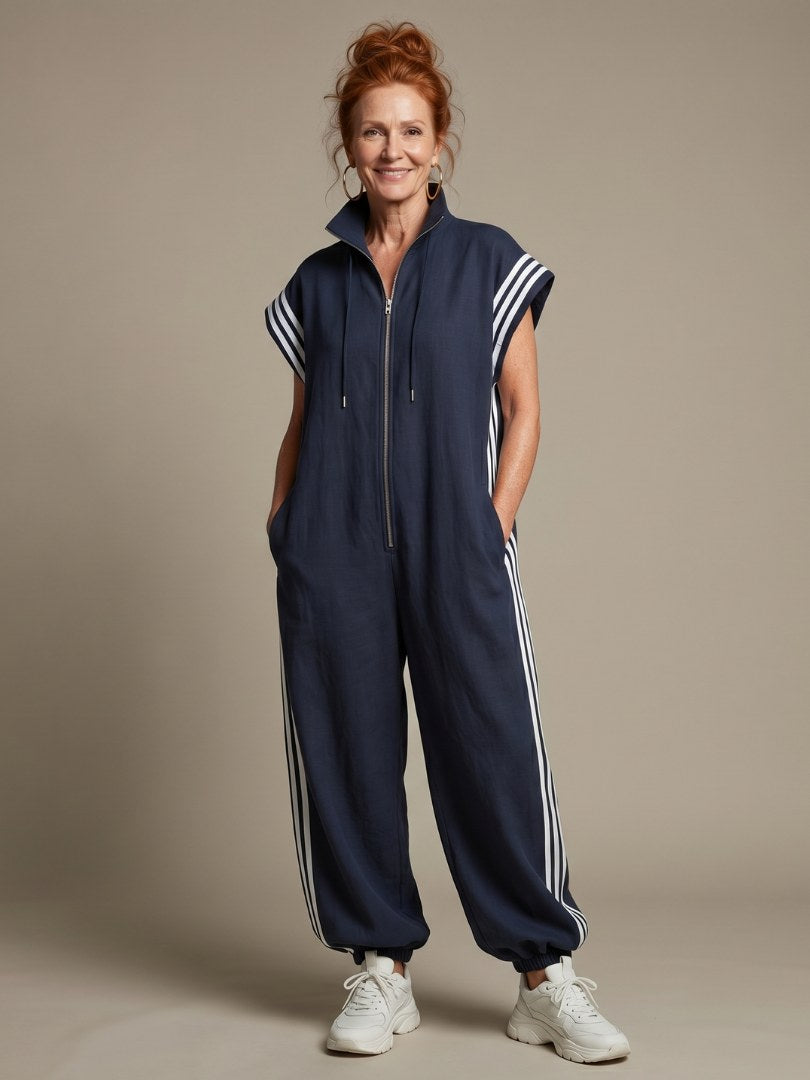 Vashti Women's Zip Front Stripe Panel Jumpsuit in Blue