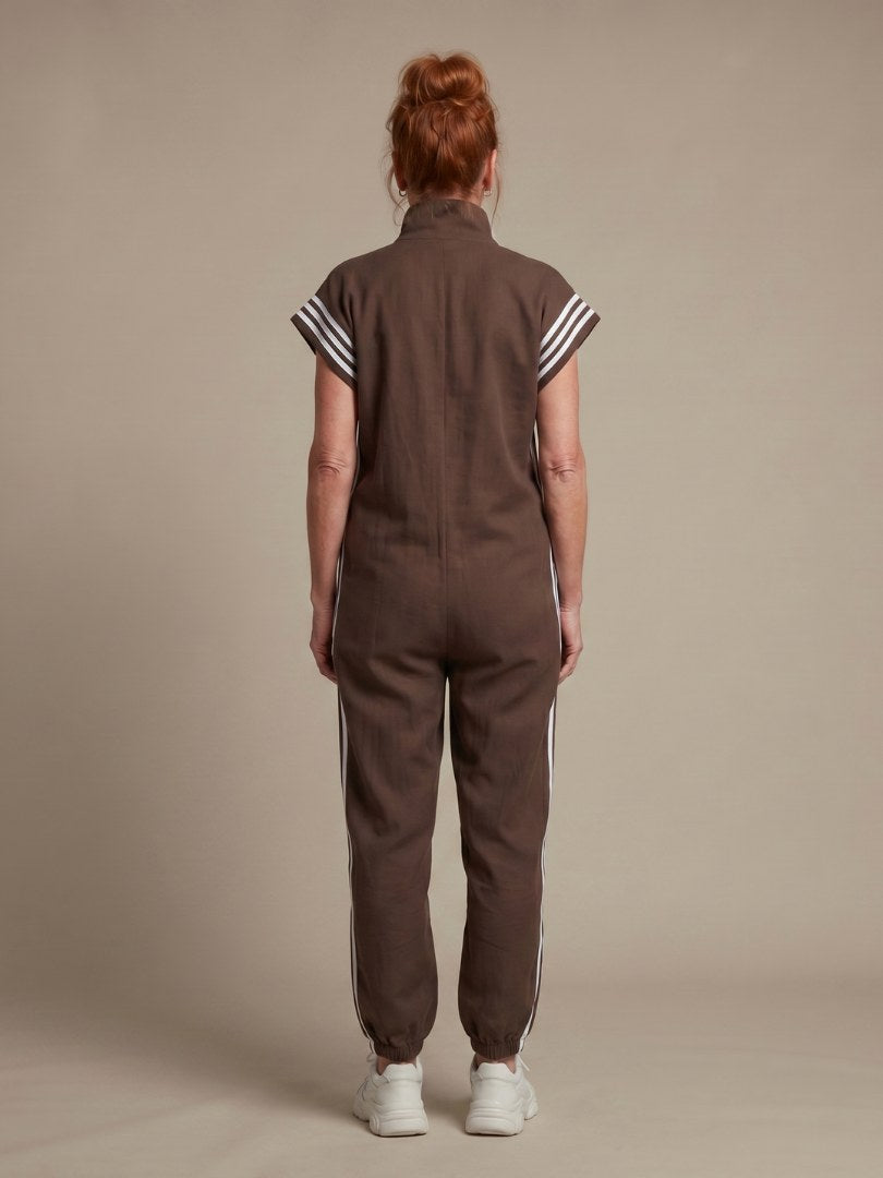 Vashti Women's Zip Front Stripe Panel Jumpsuit in Brown