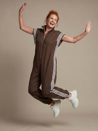 Vashti Women's Zip Front Stripe Panel Jumpsuit in Brown