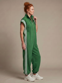 Vashti Women's Zip Front Stripe Panel Jumpsuit in Green