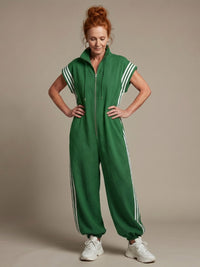 Vashti Women's Zip Front Stripe Panel Jumpsuit in Green