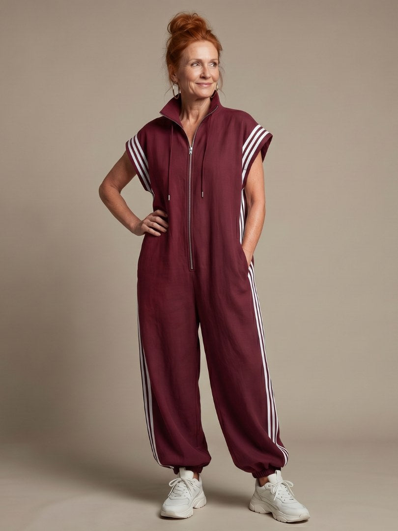 Vashti Women's Zip Front Stripe Panel Jumpsuit in Red