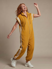 Vashti Women's Zip Front Stripe Panel Jumpsuit in Yellow