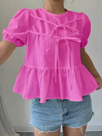 Veda Blouse with Puff Sleeve and Ruffles in Dark Pink